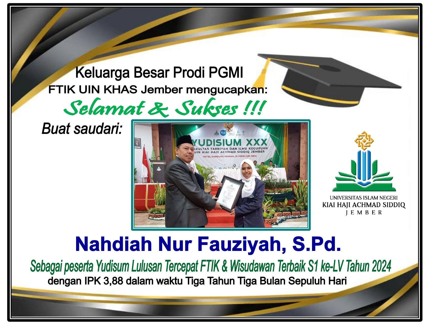 Wisudawan Terbaik !!! Selamat & sukses buat Nahdiah Nur Fauziyah mahasiswa Prodi PGMI FTIK UIN KHAS